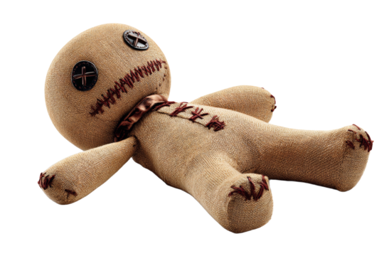 A brown stuffed animal with a black eye and a red nose