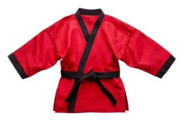A red and black karate uniform with a black belt