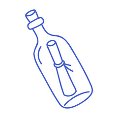 Glass bottle with rolled paper scroll tied with string. Vector editable stroke outline. Minimalist icon illustration.