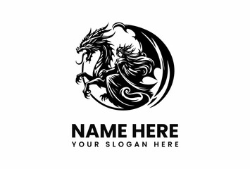 Majestic Dragon and Queen Silhouette Fantasy Emblem with Intricate Details.