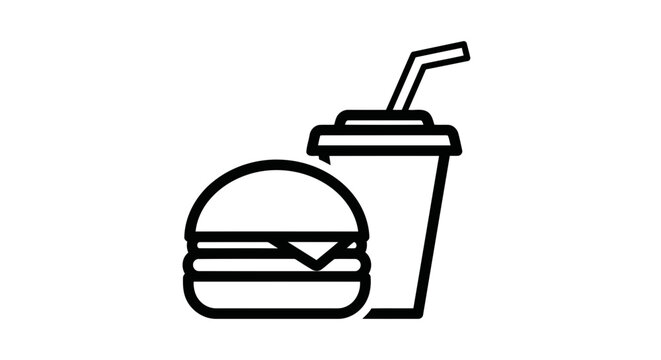 Vector art of a simple black and white illustration of a burger and a drink with a straw, perfect for fast food or casual dining concepts