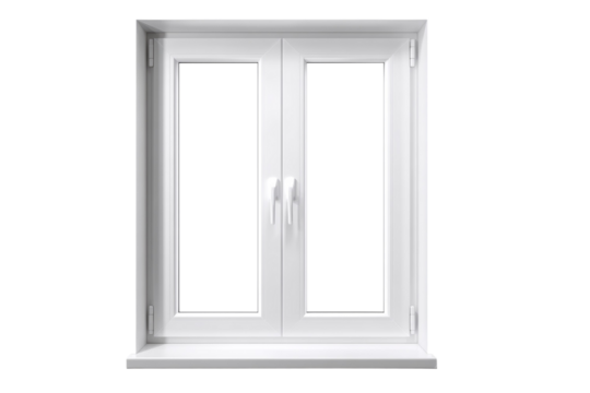 A white window with two handles and a clear glass pane