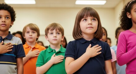 3d rendering of diverse children reciting pledge of allegiance in classroom