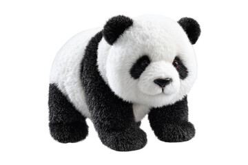 A stuffed panda bear is standing on a white background