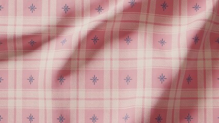 Pink plaid fabric with starburst motifs and soft folds white blue