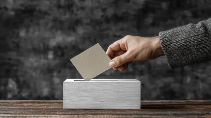 Voting Hand drops ballot into box, grey background