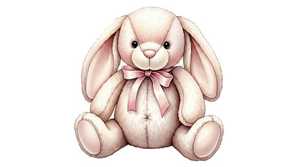 A soft plush bunny with a pink bow sitting upright and looking forward against a black background