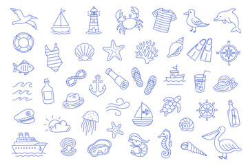 45 marine icons set in outline editable vector. Nautical summer elements big pack. © JanelipArt
