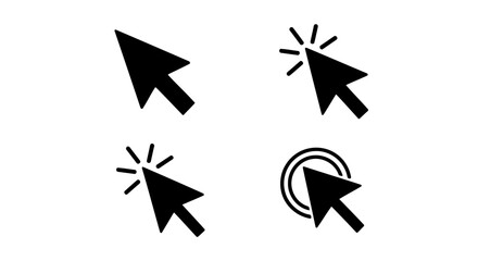 Vector art of a collection of four black computer mouse cursor icons, each representing a different click action