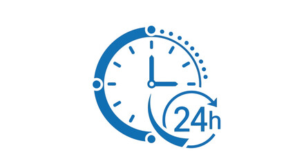 Vector art of a blue circular clock icon with an arrow indicating 24hour service and availability, symbolizing continuous operation and support