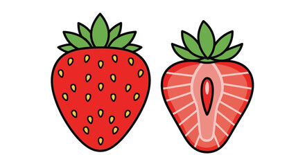 Vector art of a whole strawberry and a strawberry cut in half, revealing its juicy interior and seeds, isolated on a white background