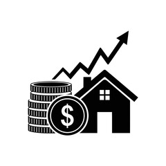 Vector art of a black silhouette icon depicts a stack of coins and a house with an upward trending graph symbolizing real estate investment growth and financial success
