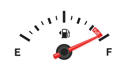 Vector art of a cars fuel gauge shows the tank is full, with the needle pointing to f on the white dial