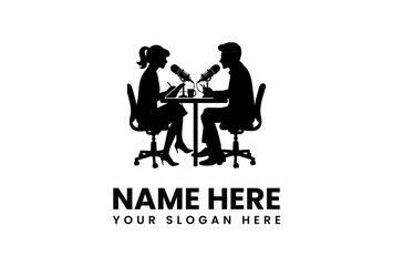 Podcast Duo Silhouetted at Table with Microphones Ready to Record.