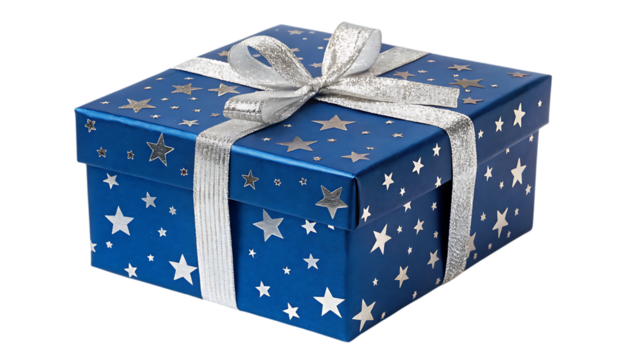 Stunning blue gift box with silver ribbon and stars, perfect for Christmas or birthday