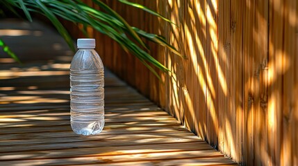Water bottle on bamboo bench with sunlit shadows