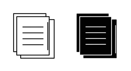 Vector art of two icons representing stacks of documents, one in black and white outline, the other in solid black silhouette, on a plain white background