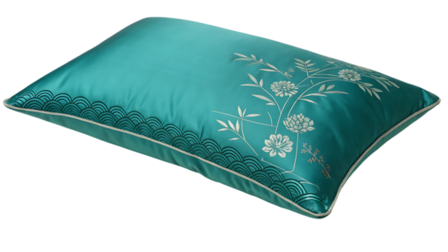 Elegant teal pillow with floral embroidery, stylish home decor accent for serene bedroom