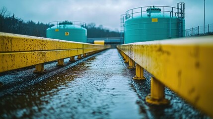 Wet industrial site w/ tanks & yellow railings