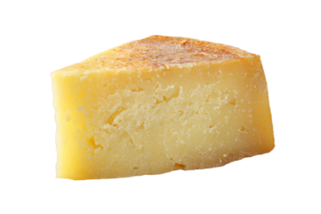 A slice of cheese is shown on a white background