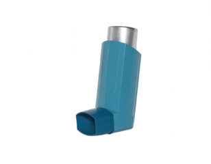 Modern teal blue asthma inhaler, essential medical device for respiratory relief and breathing support