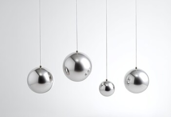 Four metallic spheres hanging from strings against a plain background