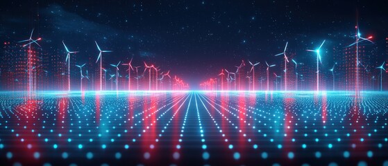 Wind turbines on glowing, dotted grid under night sky
