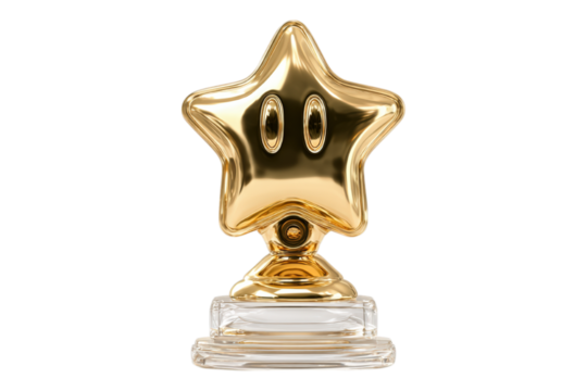 Golden star trophy with simple facial features atop a clear glass base stands against a black backdrop