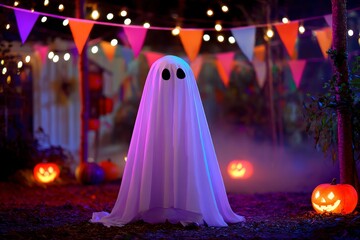 Halloween ghost costume in spooky decorated outdoor setting with pumpkins and lights