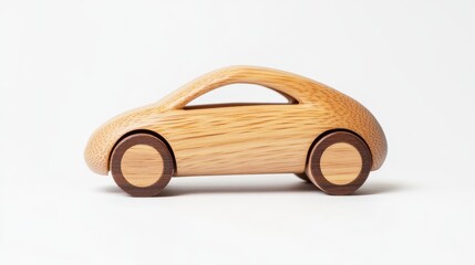 Handcrafted eco-friendly wooden toy car with smooth finish and natural wood grain, isolated on white background.