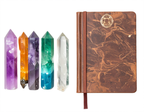 Vibrant crystal points and elegant leather journal evoke spiritual wellness and creative inspiration
