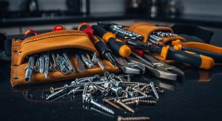 Assorted tools and screws in a tool belt against dark backdrop