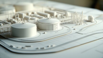 Architectural model of an industrial complex featuring tanks and pipeline structures in white color
