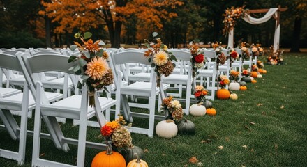 Autumn wedding setup with white chairs & pumpkin decor on green lawn