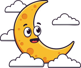 Fototapeta premium Cute yellow crescent moon cartoon with clouds vector illustration in happy night sky scene 