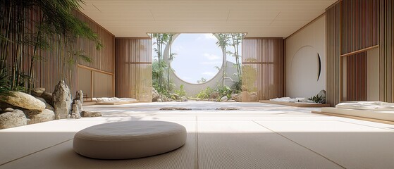 Zen garden interior with round portal to outside