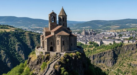 Fototapeta premium Ancient stone church perched atop a cliff overlooking a distant town