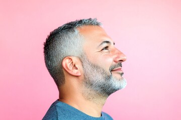 Obraz premium Fashionable men's fade haircut - midlife arabian man with short hair. A dynamic male posing with grace and charm. Pink solid background. Visual idea of style for aging men.