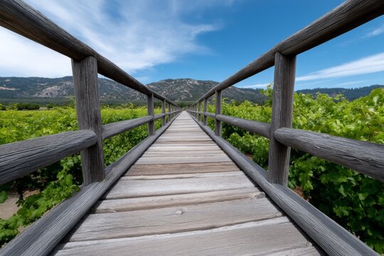 Rustic wooden bridge over vineyard with mountain view in sunny countryside