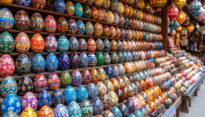 Fototapeta premium Colorful painted eggs on shelves