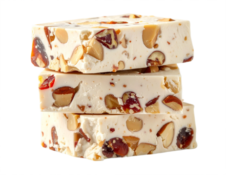 Delicious nougat stacked high with almonds and dried fruit, a sweet artisanal treat
