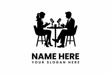 Silhouette of podcast hosts at a table with microphones and a coffee cup.