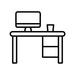 Office desk with computer monitor and cup line art vector icon illustration for design assets