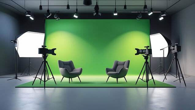 Modern green screen studio setup with two chairs and professional lighting