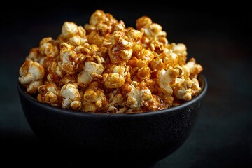A close-up view of a black bowl overflowing with caramel-coated popcorn, set against a dark backdrop