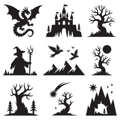 A collection of fantasy silhouettes featuring a dragon, castle, wizard, birds, mountains, moon, comet, and stars, creating a magical and enchanting landscape