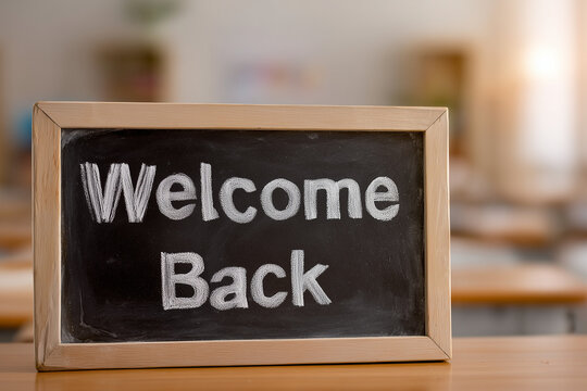 welcome back sign on chalkboard in classroom