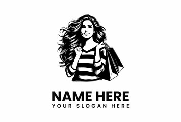 Smiling Woman with Flowing Hair and Shopping Bags Logo Design.