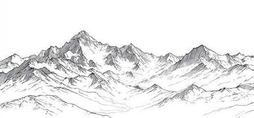 Detailed line drawing of snow-capped mountain range