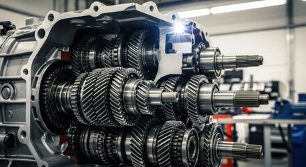 Car gearbox exposed internal gears and shafts, metallic sheen